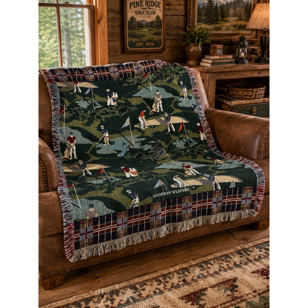 Goodwin Weavers Golf Tapestry Throw Blanket 52x70 Green Woven Cotton Hallmark
